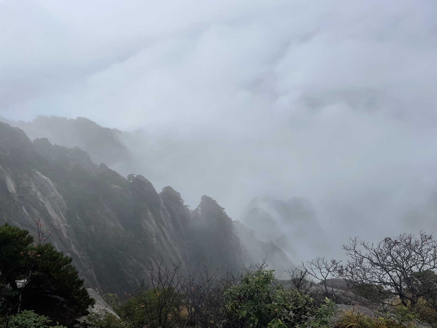 切り立った黄山の峰々の間を流れる雲海